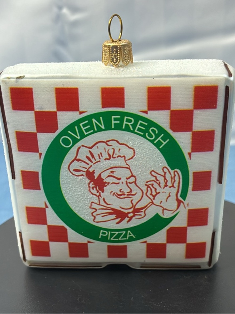 Glass Ornament - Red, Green & White Pizza Box